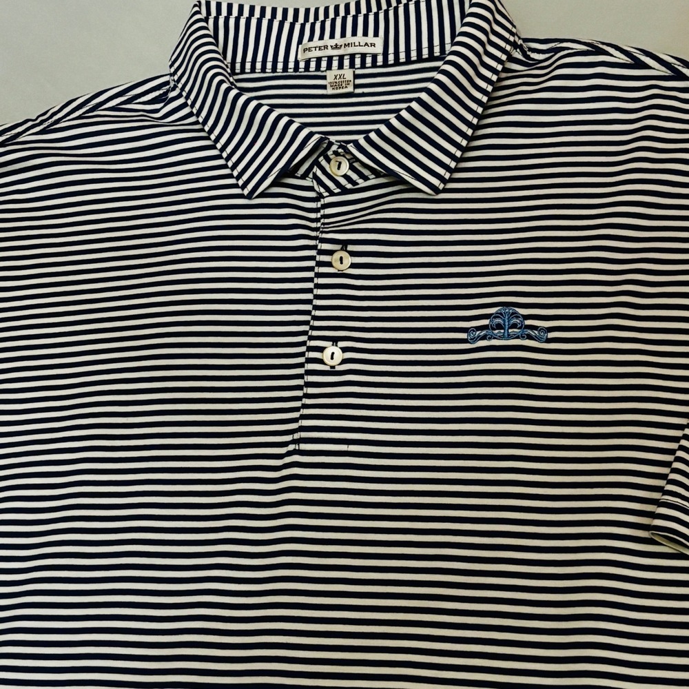 Peter Millar Polo Shirt Mens XXL Blue White Stripe Excellent Cotton Short Sleeve